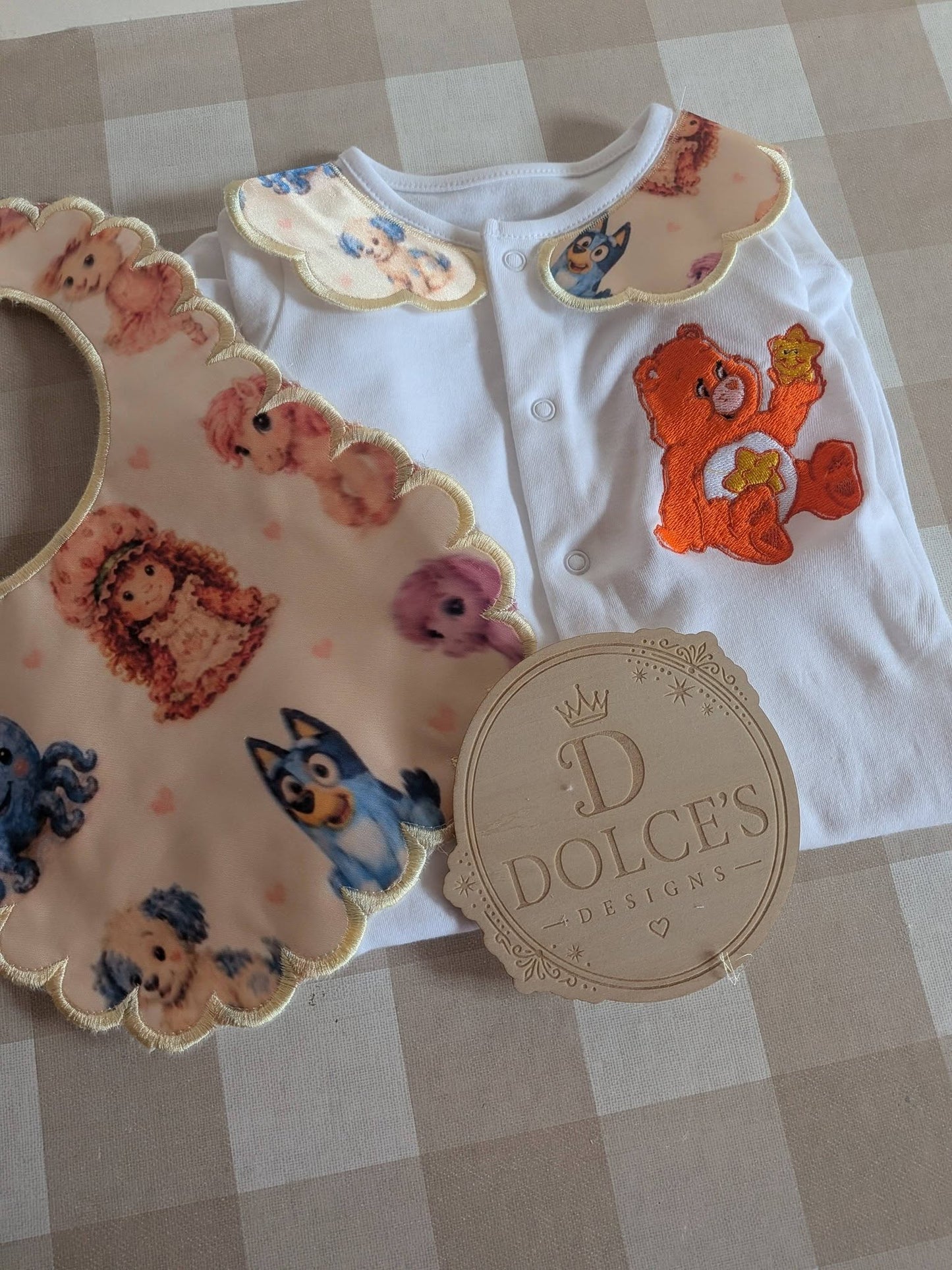 Retro Cartoon Friends Personalised Baby Grow & Bib Set | Nostalgic Character Baby Outfit | Handmade Baby Gift