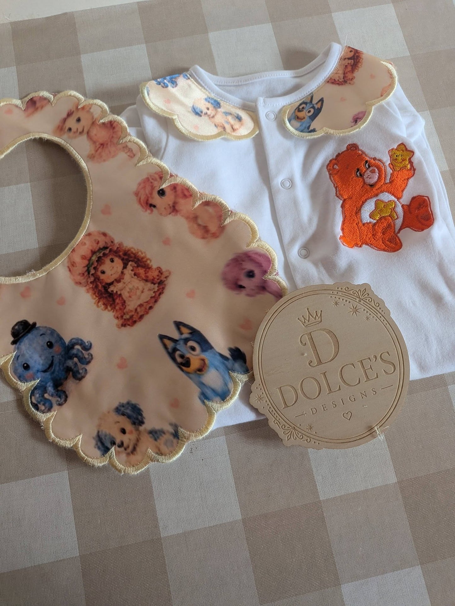 Retro Cartoon Friends Personalised Baby Grow & Bib Set | Nostalgic Character Baby Outfit | Handmade Baby Gift
