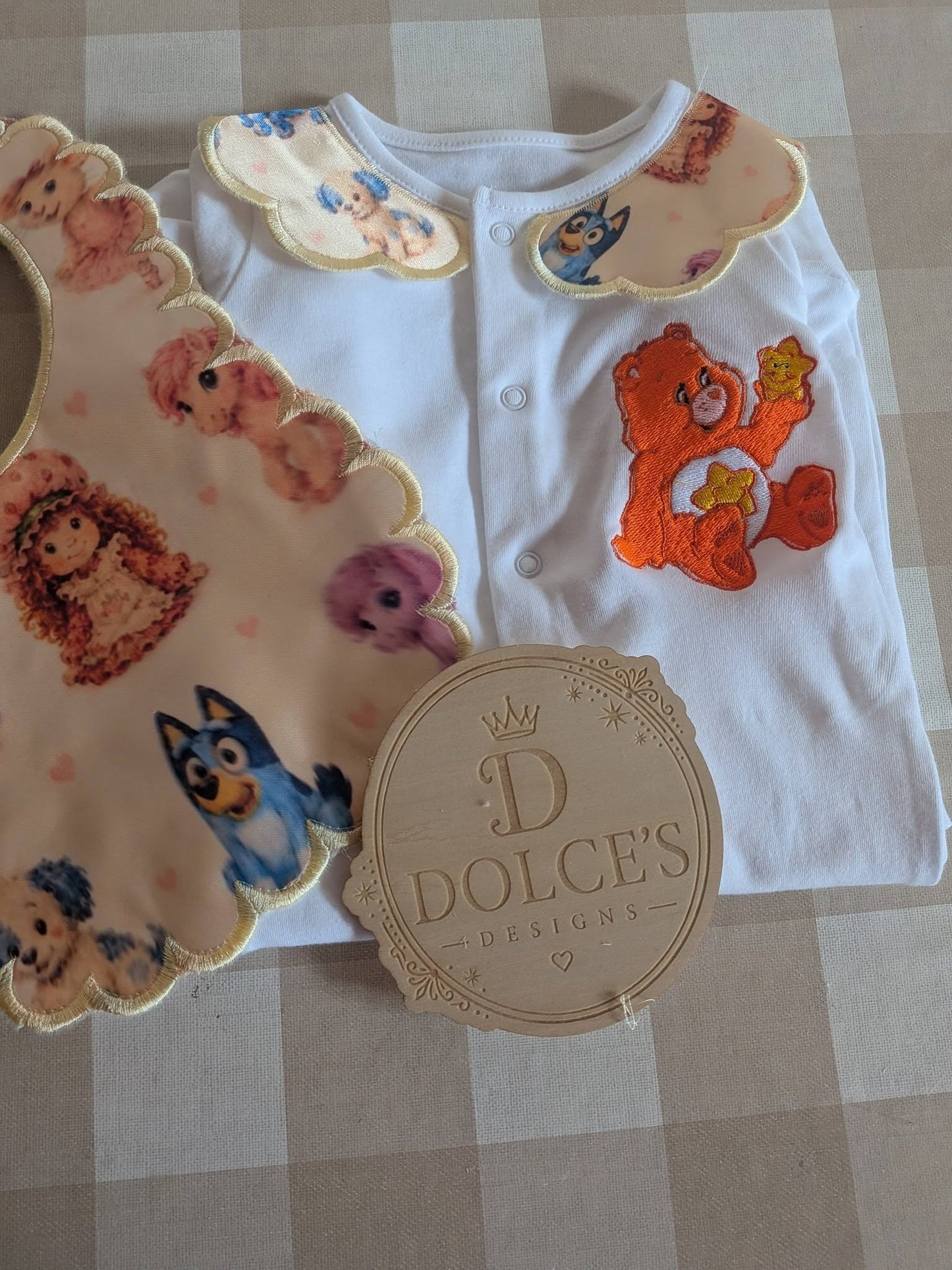 Retro Cartoon Friends Personalised Baby Grow & Bib Set | Nostalgic Character Baby Outfit | Handmade Baby Gift