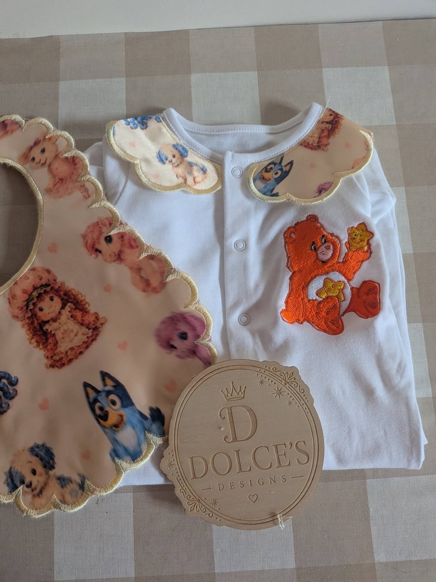 Retro Cartoon Friends Personalised Baby Grow & Bib Set | Nostalgic Character Baby Outfit | Handmade Baby Gift