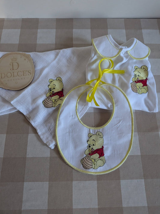 Personalised Winnie the Pooh 3 Piece Baby Gift Set – Embroidered Babygrow, Bib & Muslin