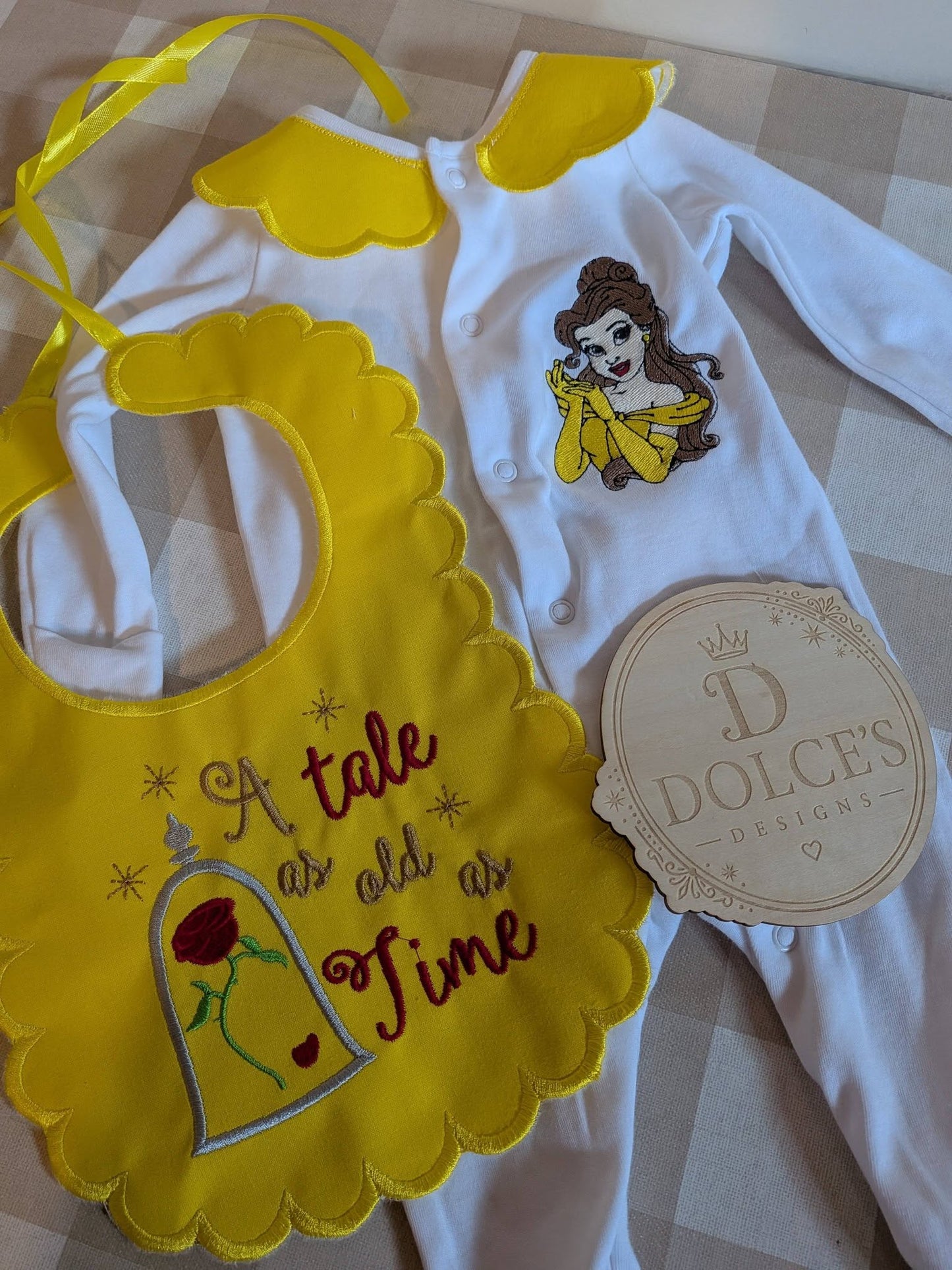 Princess Belle Personalised Baby Set – Babygrow & Handmade Bib