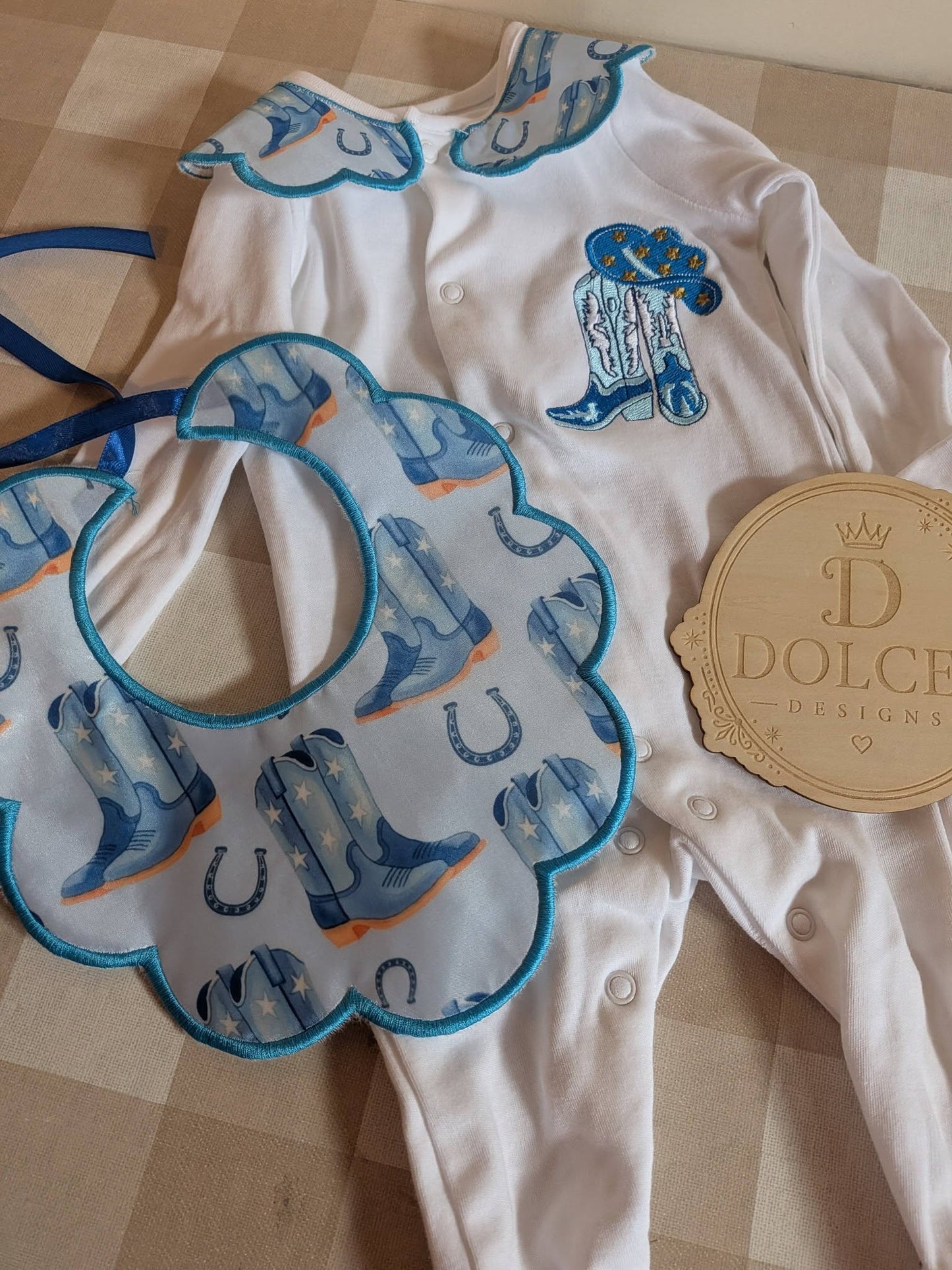 Personalised Cowboy Boots Baby Set – Embroidered Babygrow & Handmade Bib