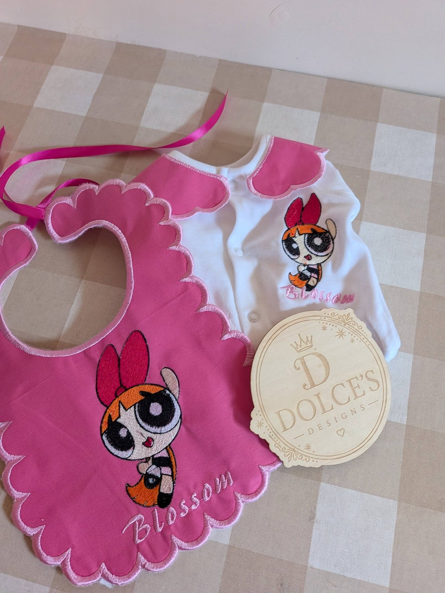 Personalised Powerpuff Girls Blossom Baby Set – Embroidered Babygrow & Handmade Bib