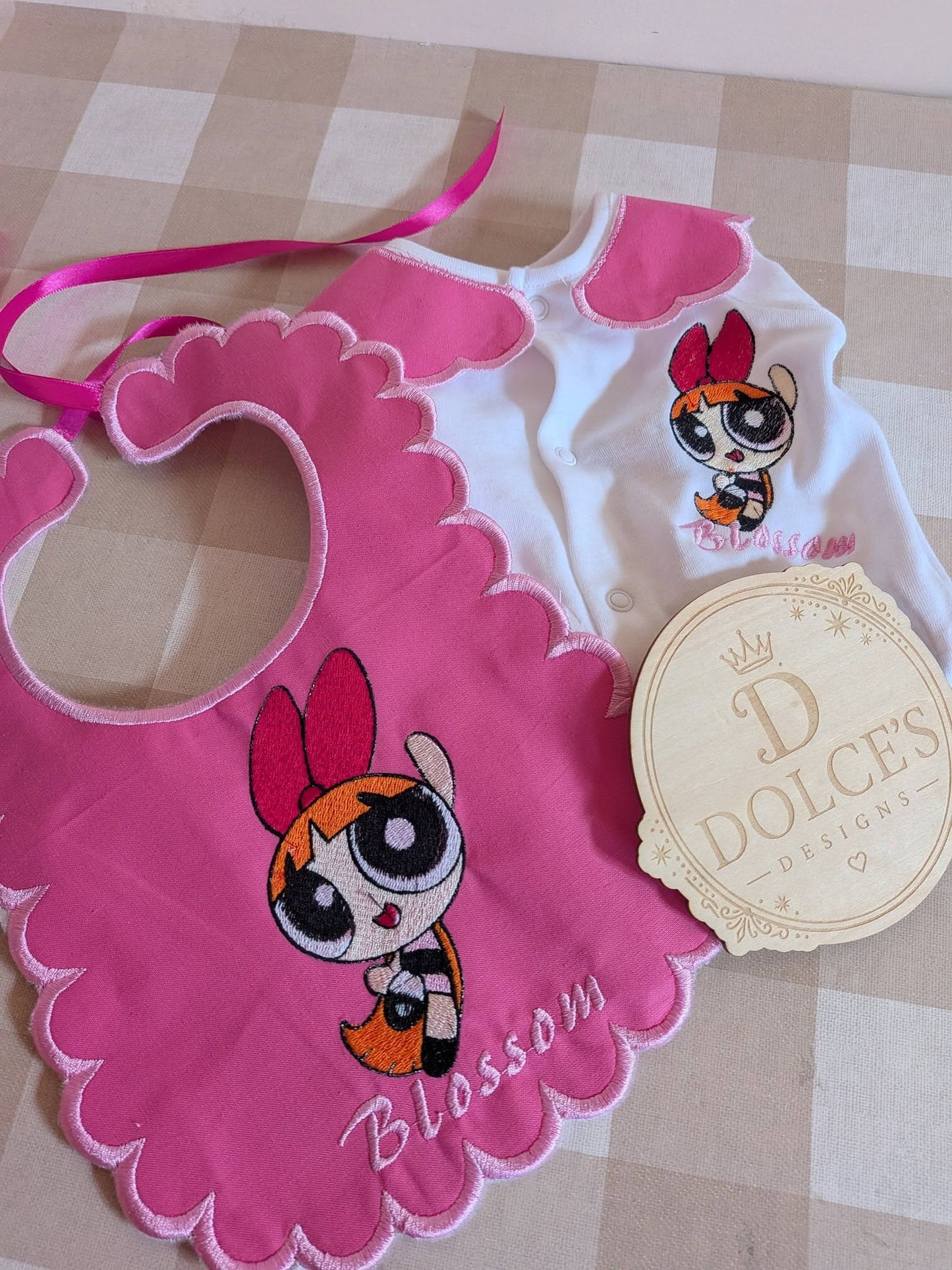 Personalised Powerpuff Girls Blossom Baby Set – Embroidered Babygrow & Handmade Bib