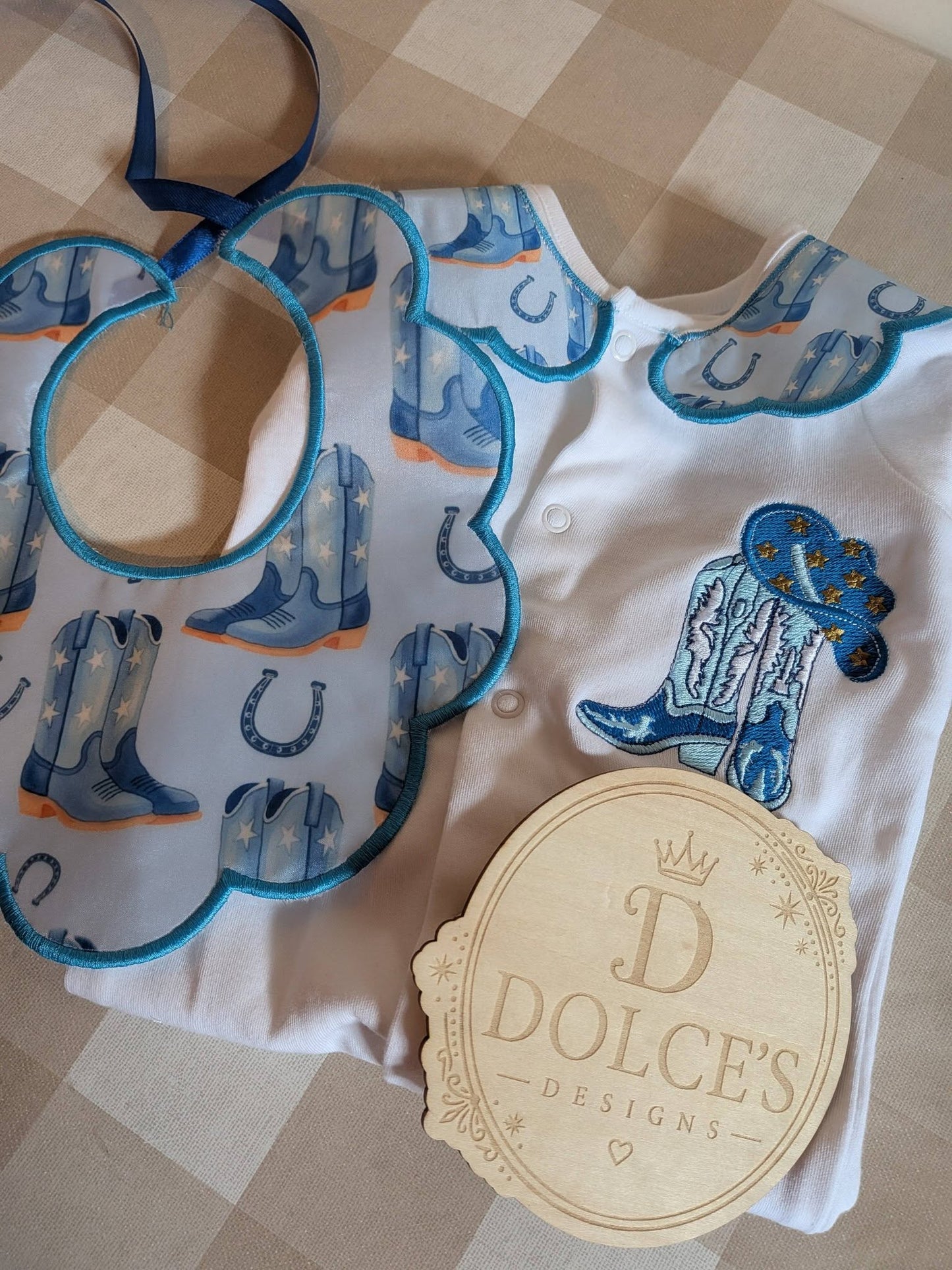 Personalised Cowboy Boots Baby Set – Embroidered Babygrow & Handmade Bib