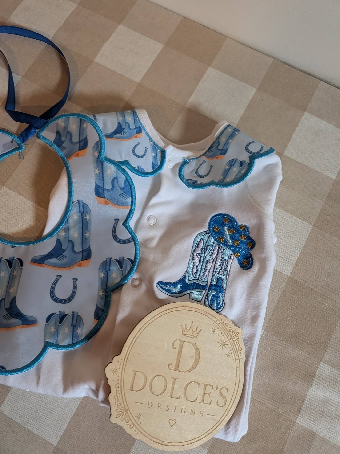 Personalised Cowboy Boots Baby Set – Embroidered Babygrow & Handmade Bib