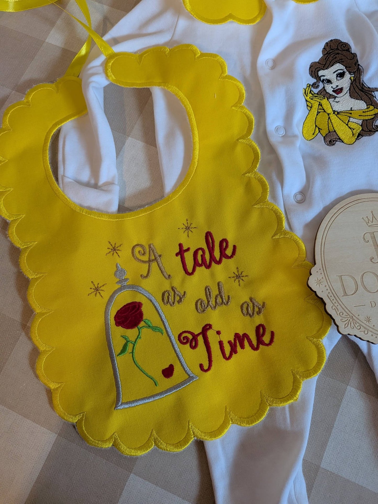 Princess Belle Personalised Baby Set – Babygrow & Handmade Bib