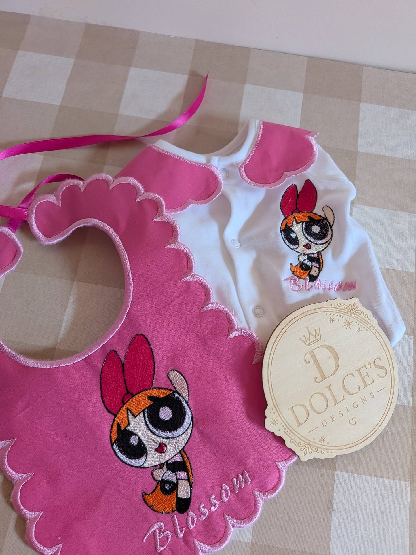 Personalised Powerpuff Girls Blossom Baby Set – Embroidered Babygrow & Handmade Bib