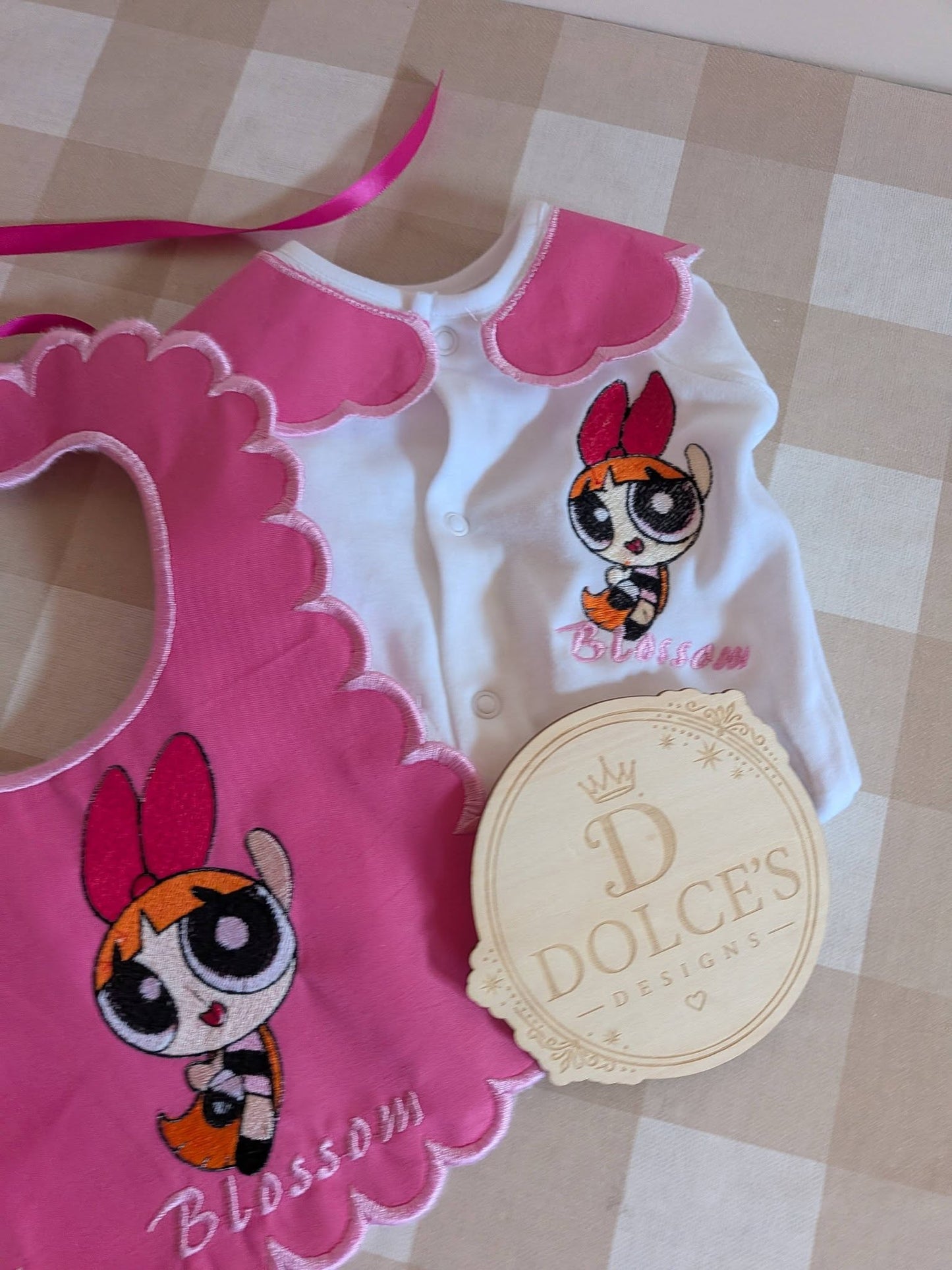 Personalised Powerpuff Girls Blossom Baby Set – Embroidered Babygrow & Handmade Bib