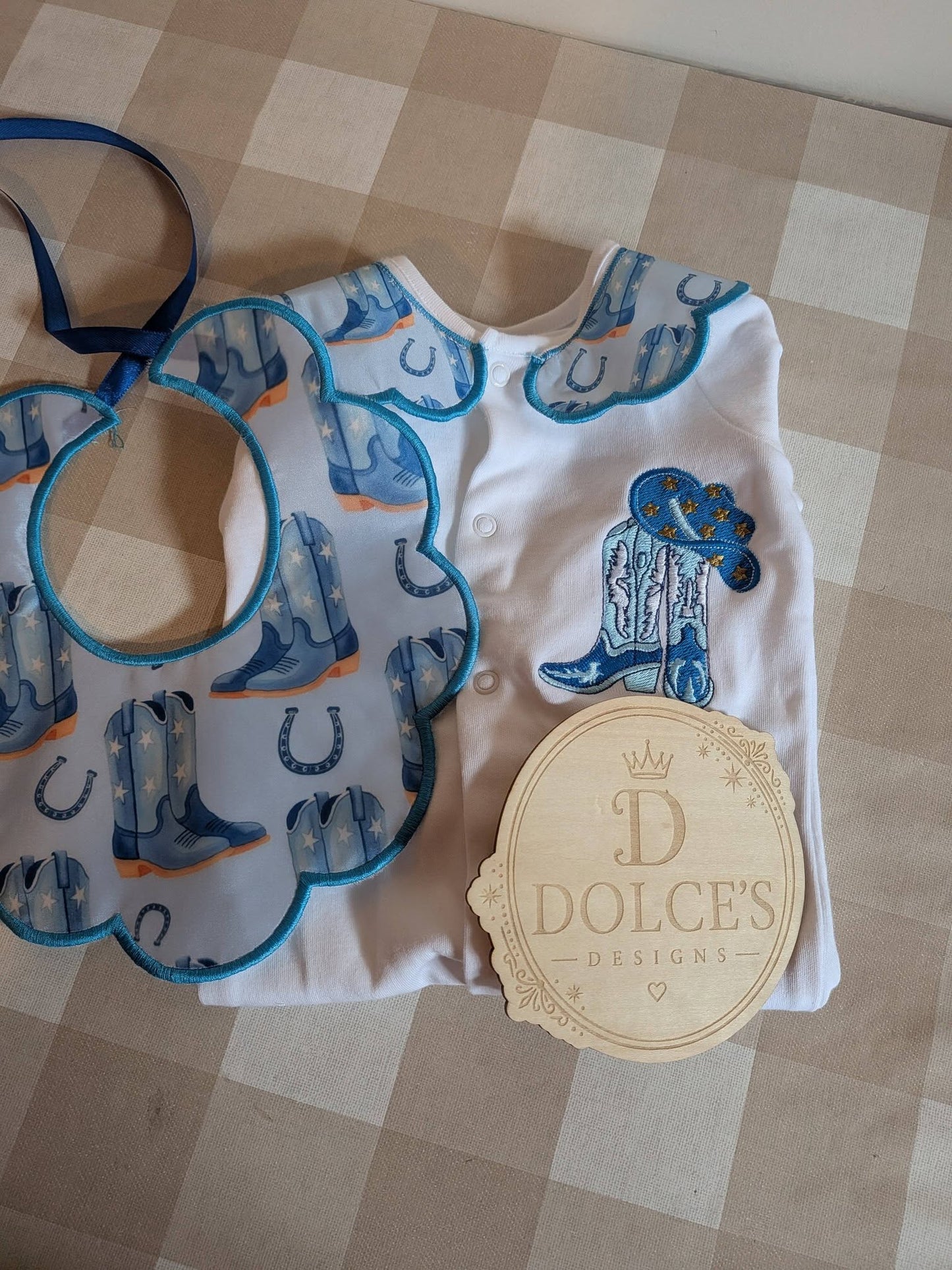 Personalised Cowboy Boots Baby Set – Embroidered Babygrow & Handmade Bib