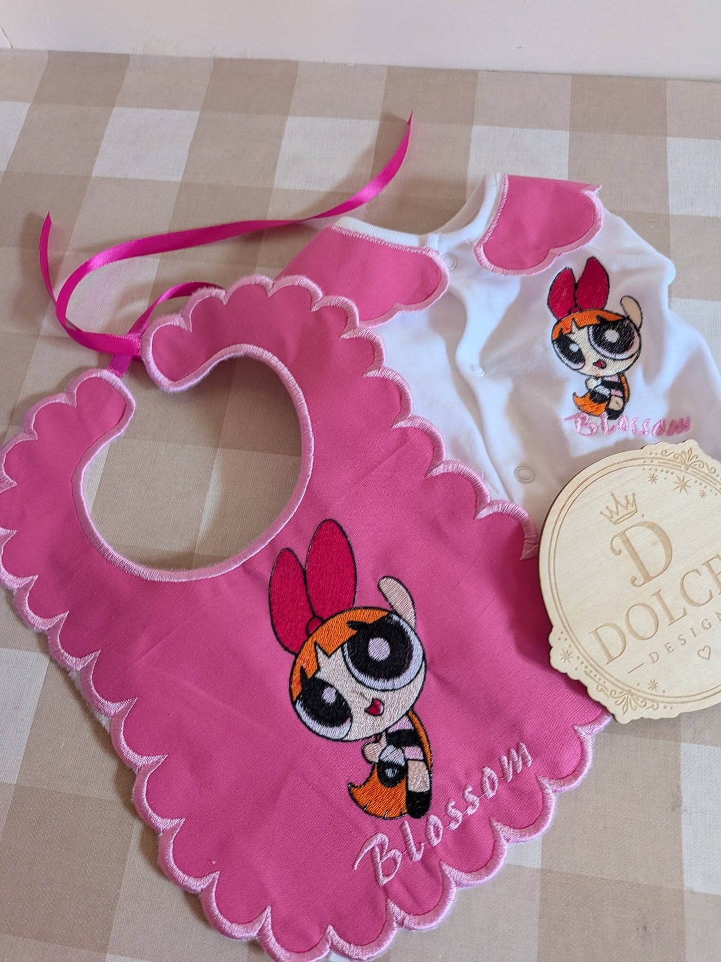 Personalised Powerpuff Girls Blossom Baby Set – Embroidered Babygrow & Handmade Bib