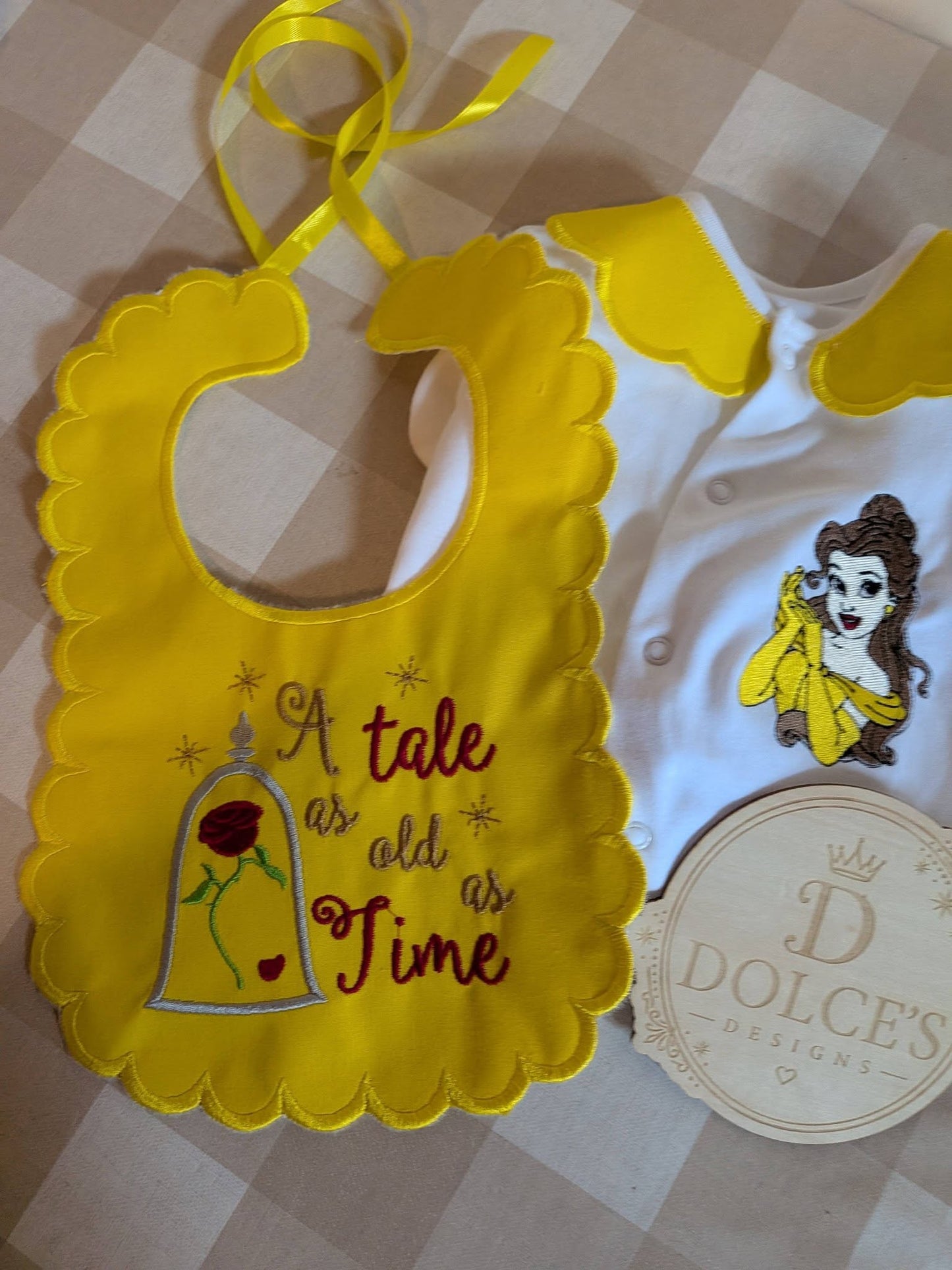 Princess Belle Personalised Baby Set – Babygrow & Handmade Bib