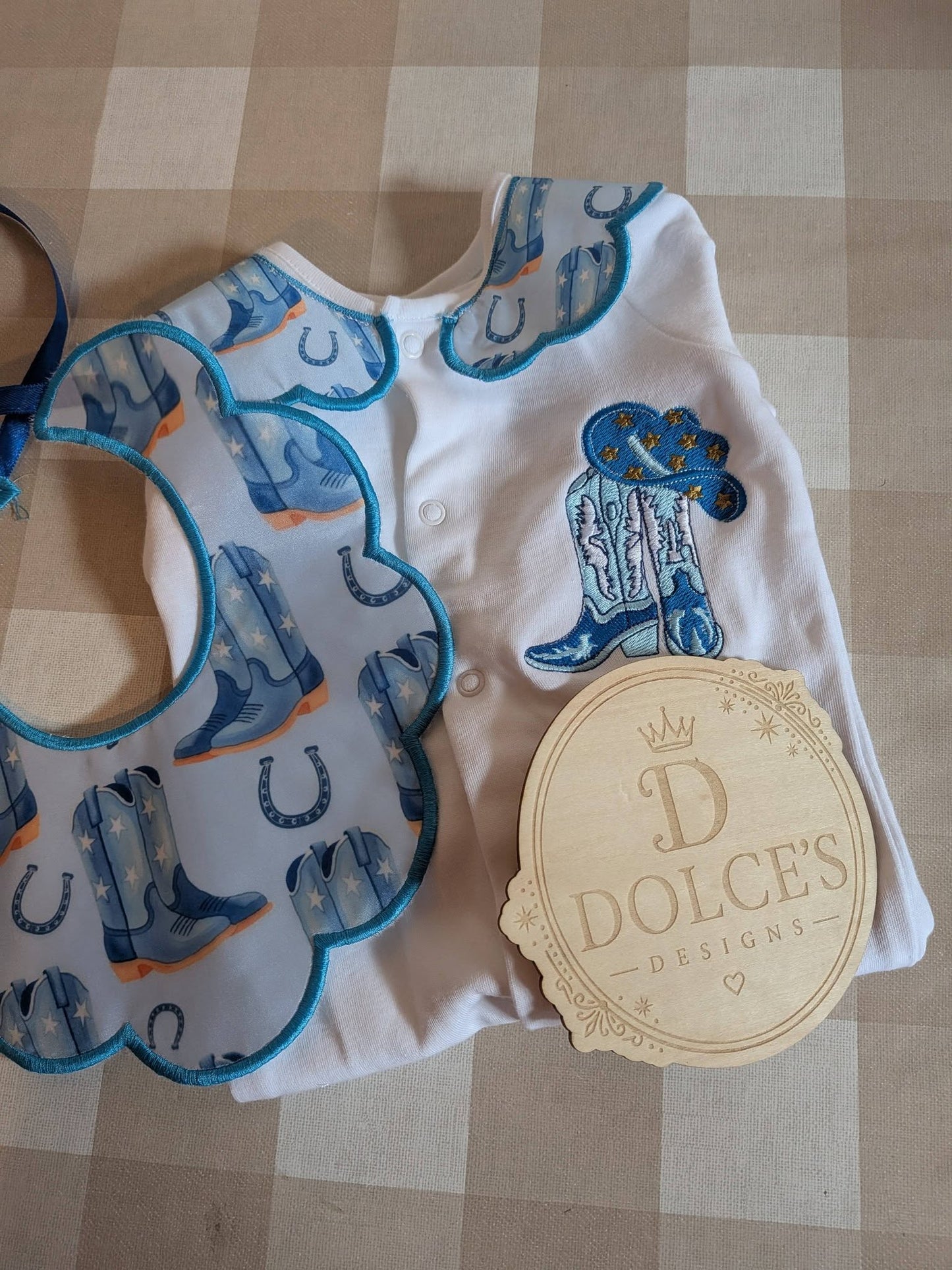 Personalised Cowboy Boots Baby Set – Embroidered Babygrow & Handmade Bib
