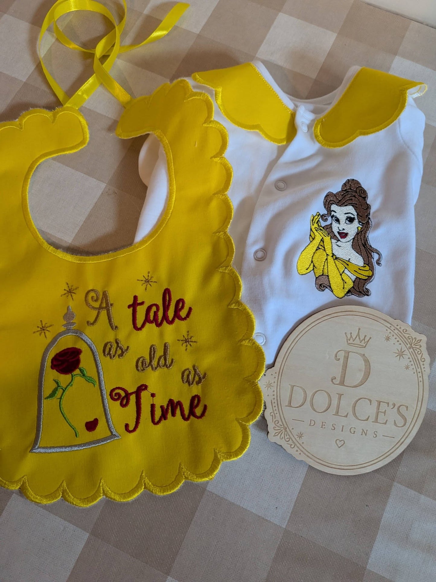 Princess Belle Personalised Baby Set – Babygrow & Handmade Bib