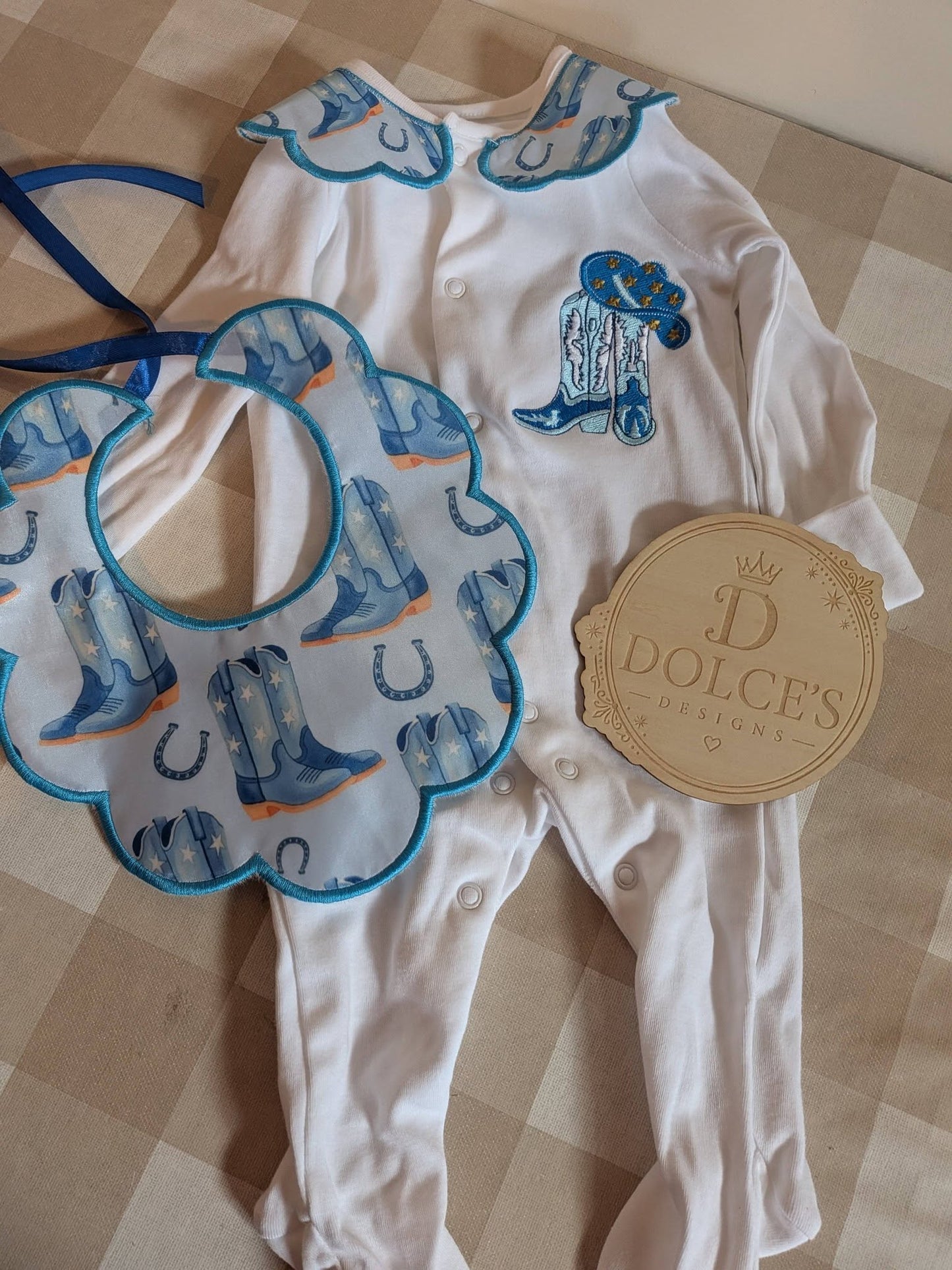 Personalised Cowboy Boots Baby Set – Embroidered Babygrow & Handmade Bib