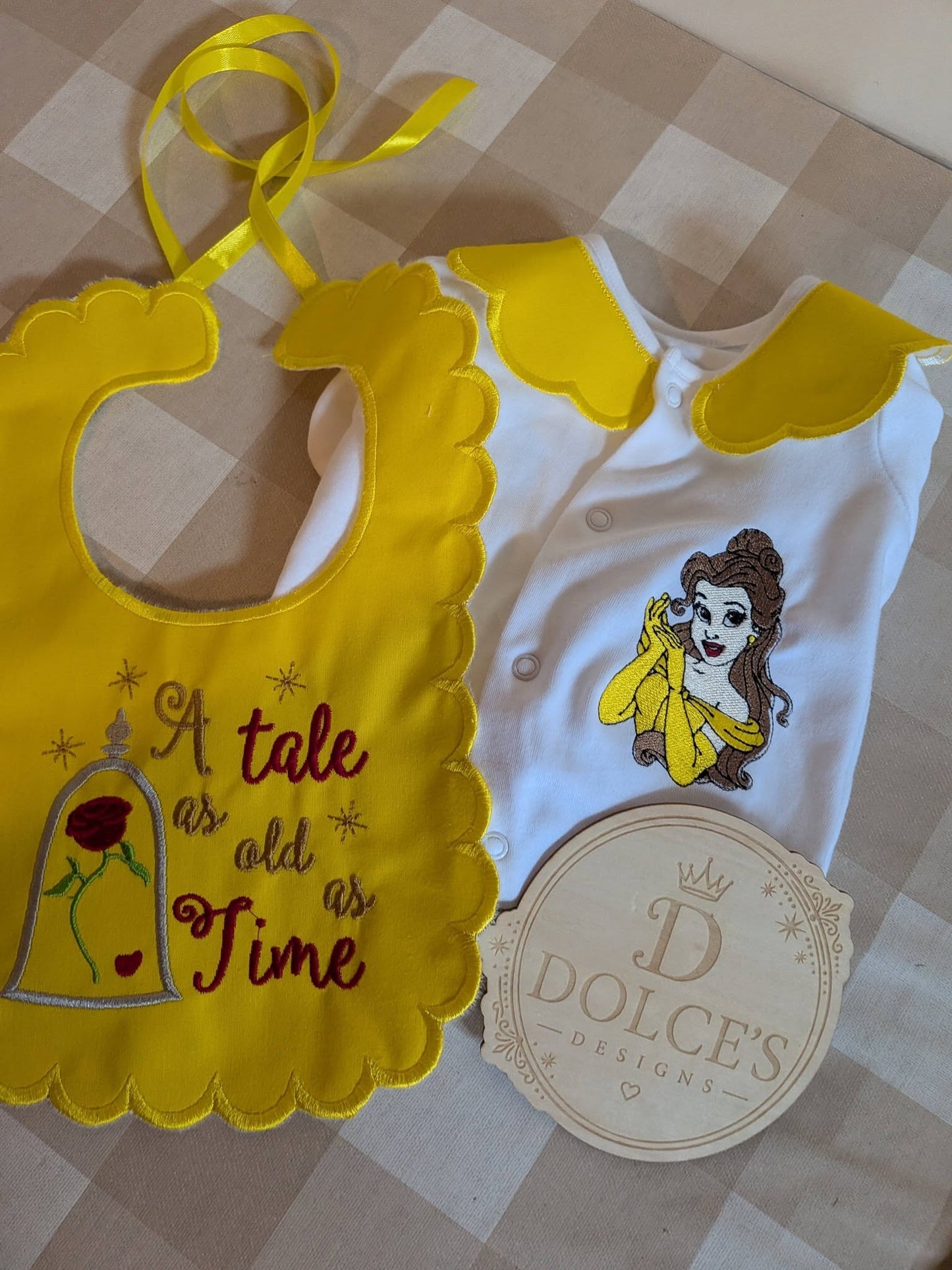 Princess Belle Personalised Baby Set – Babygrow & Handmade Bib
