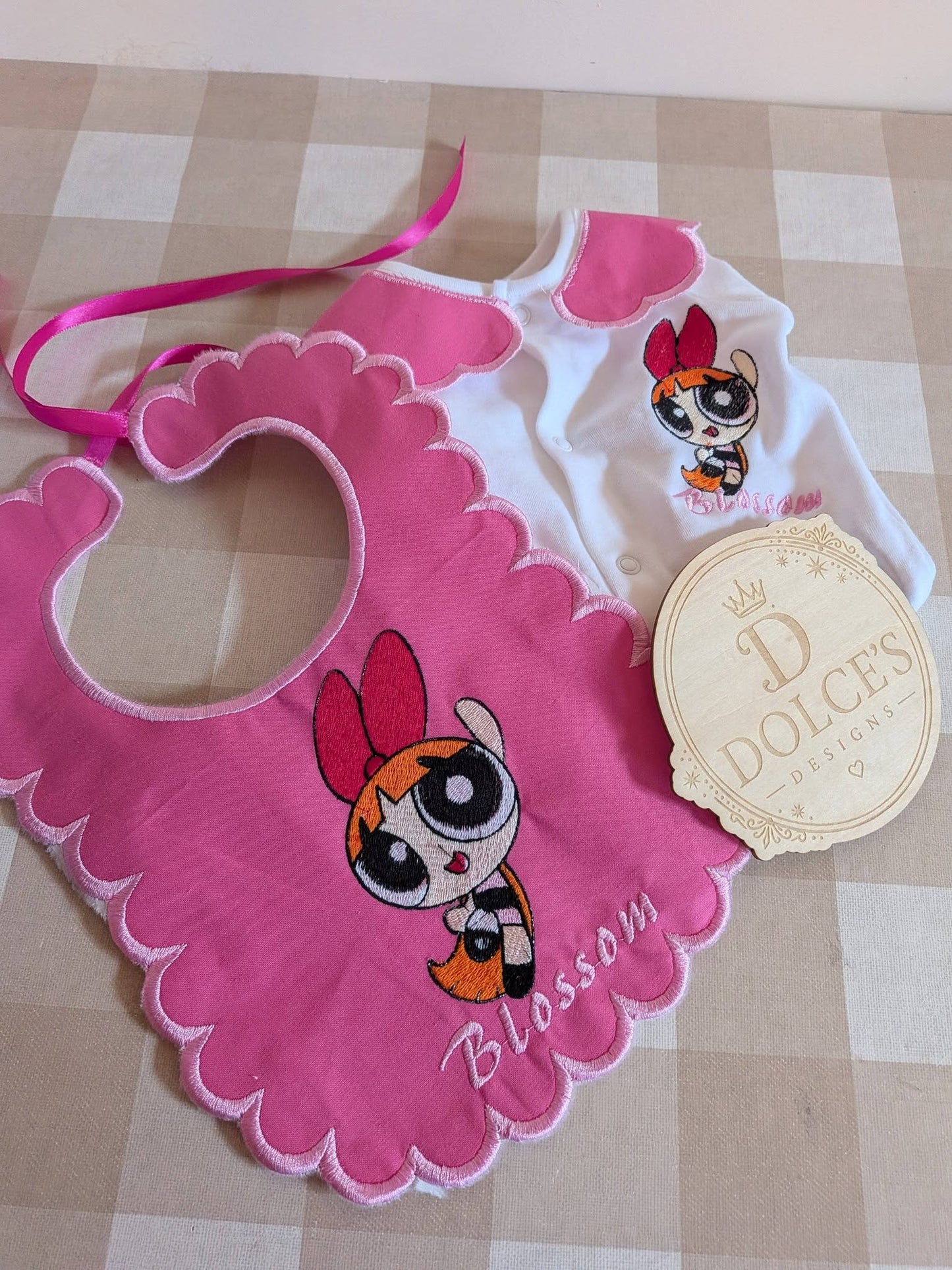 Personalised Powerpuff Girls Blossom Baby Set – Embroidered Babygrow & Handmade Bib