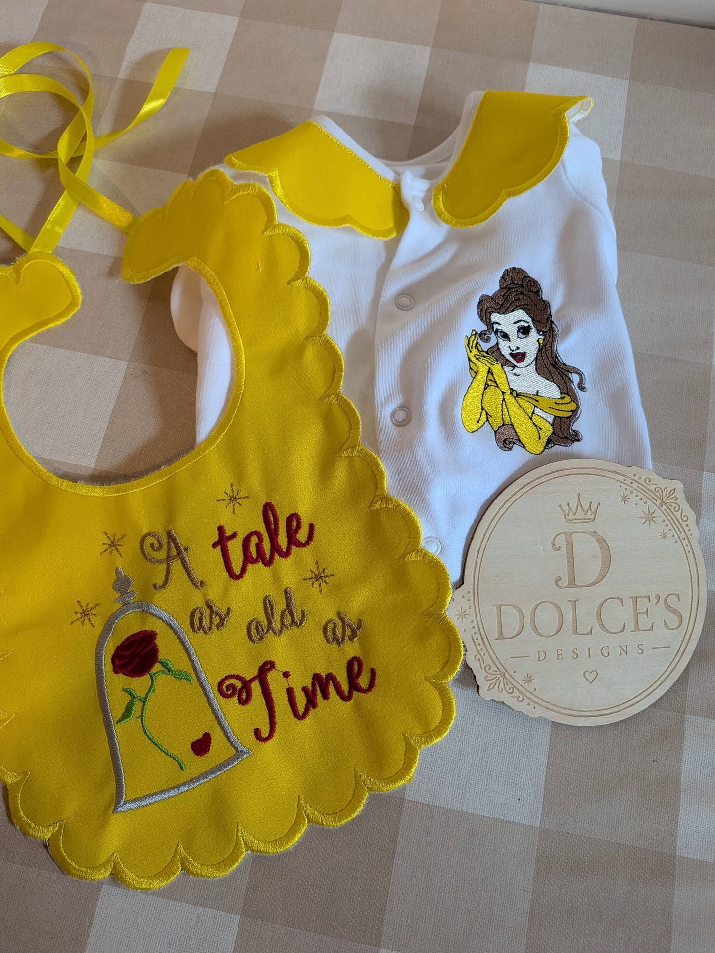 Princess Belle Personalised Baby Set – Babygrow & Handmade Bib