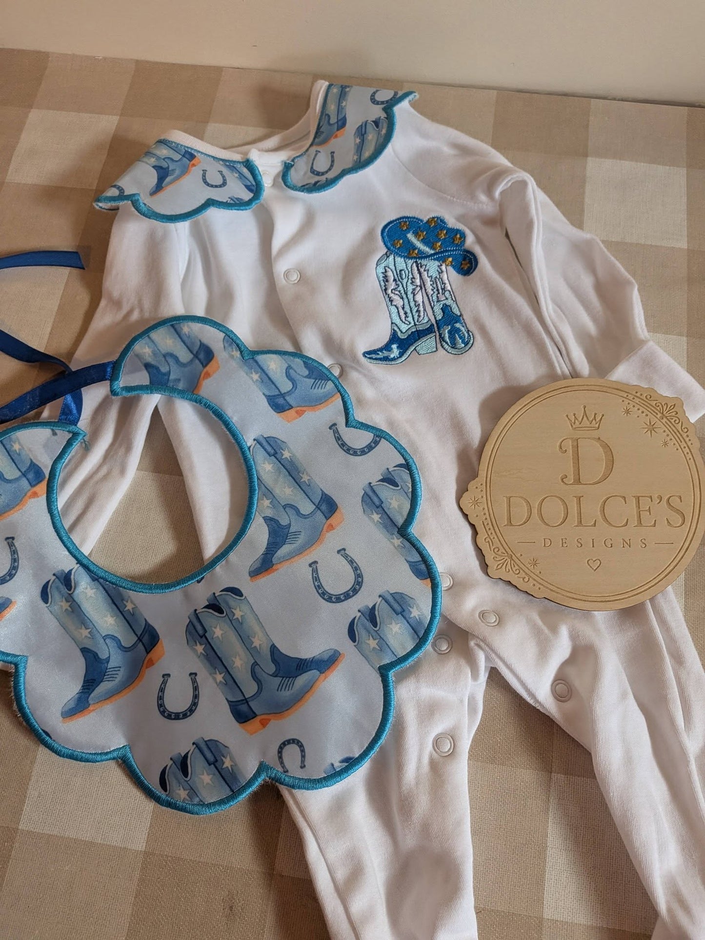 Personalised Cowboy Boots Baby Set – Embroidered Babygrow & Handmade Bib