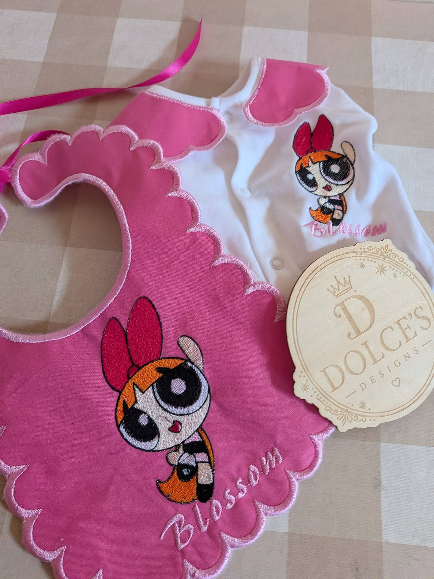 Personalised Powerpuff Girls Blossom Baby Set – Embroidered Babygrow & Handmade Bib