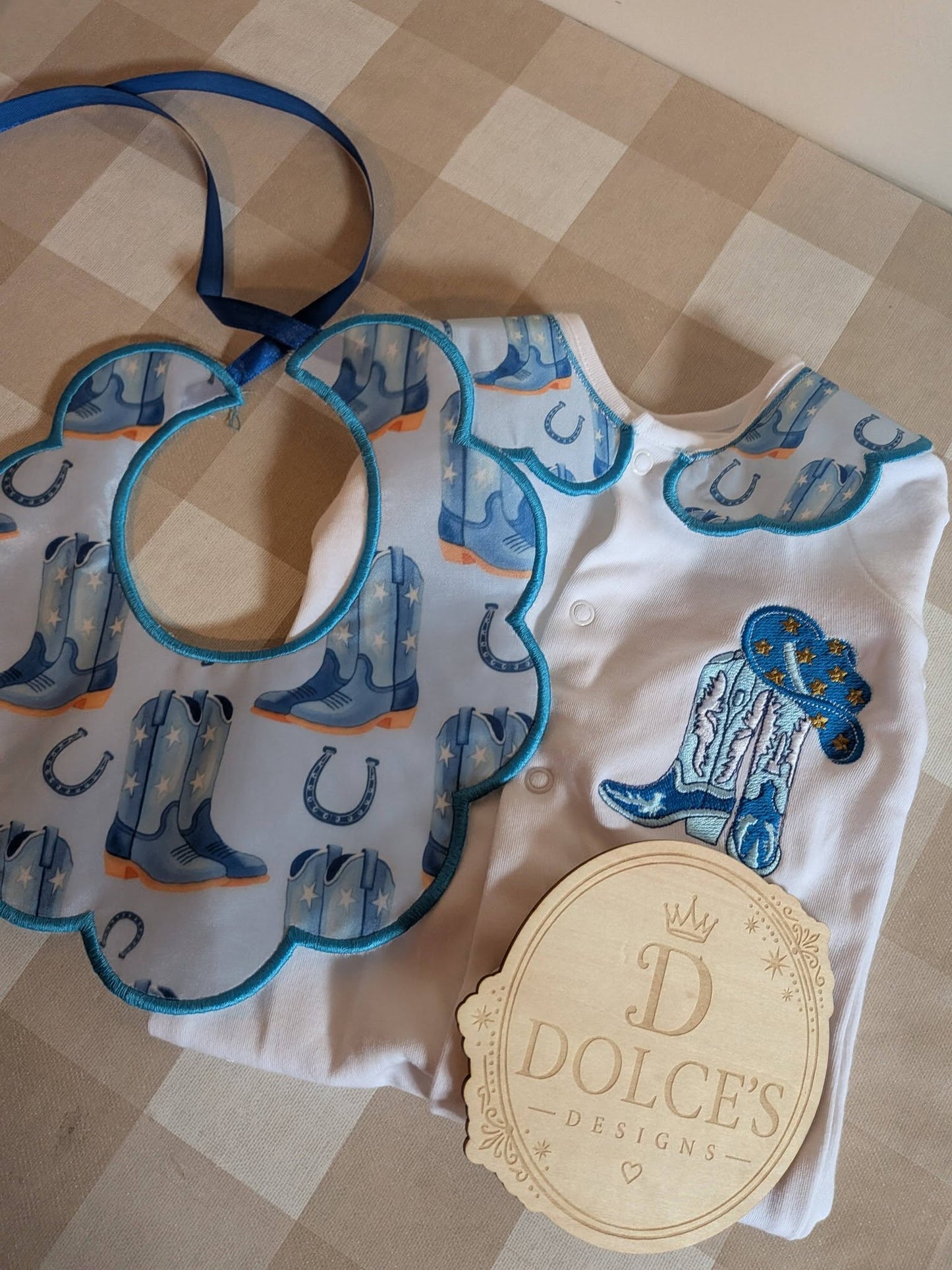 Personalised Cowboy Boots Baby Set – Embroidered Babygrow & Handmade Bib
