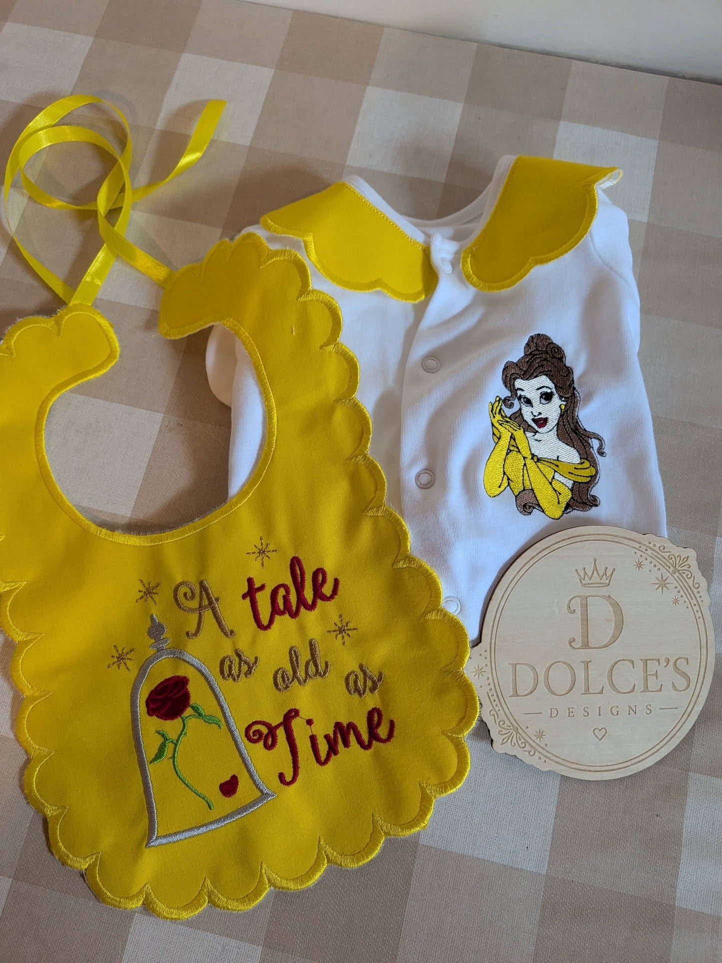 Princess Belle Personalised Baby Set – Babygrow & Handmade Bib
