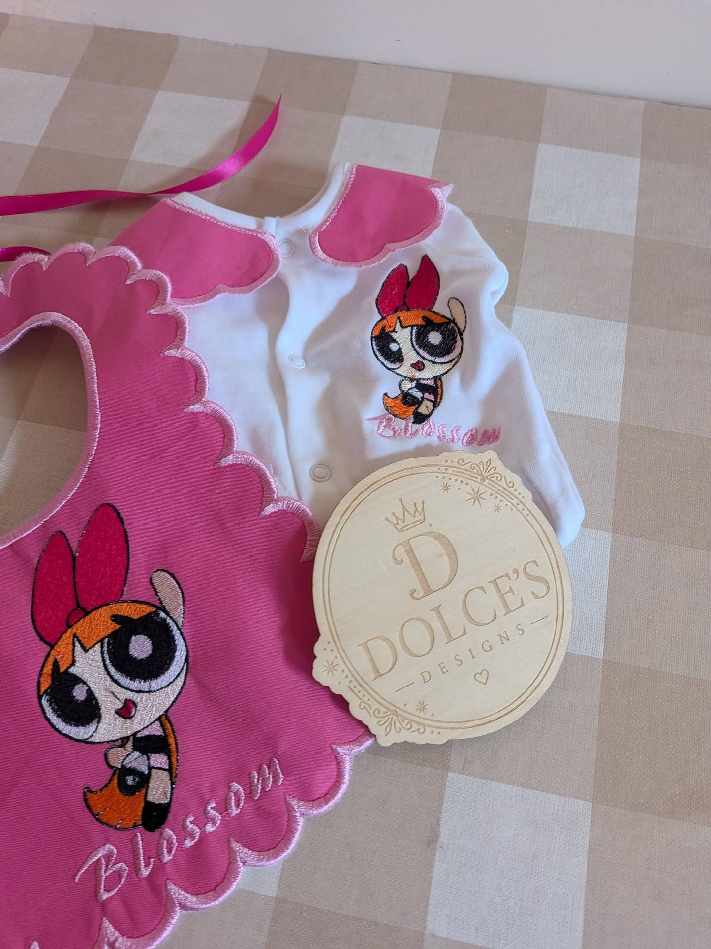 Personalised Powerpuff Girls Blossom Baby Set – Embroidered Babygrow & Handmade Bib