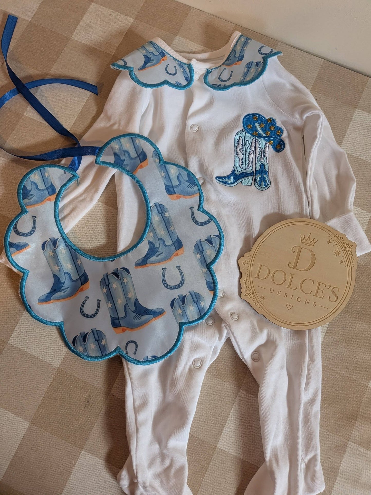 Personalised Cowboy Boots Baby Set – Embroidered Babygrow & Handmade Bib