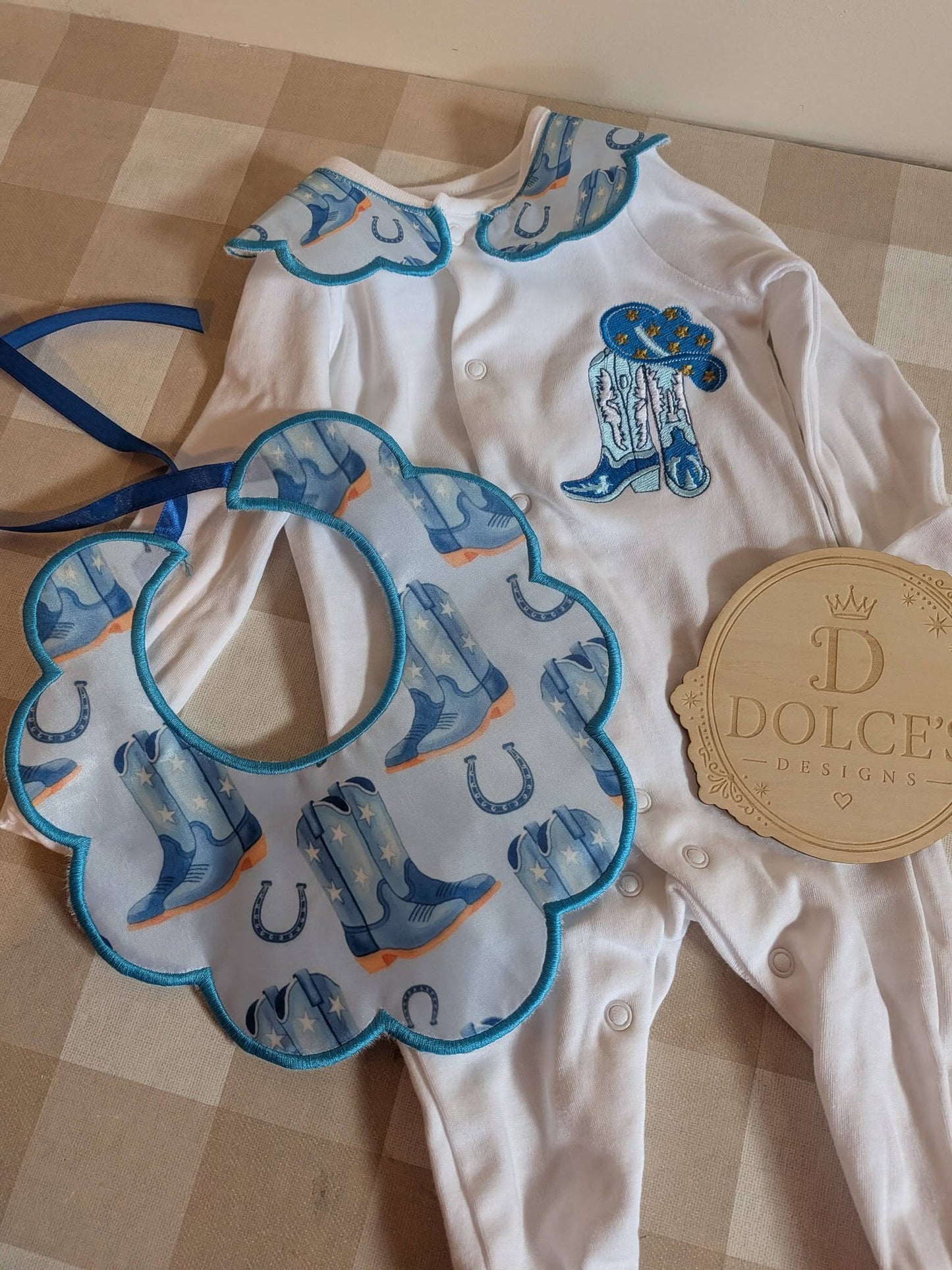 Personalised Cowboy Boots Baby Set – Embroidered Babygrow & Handmade Bib