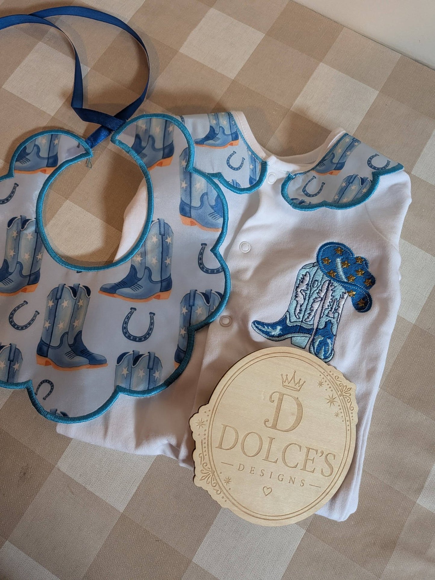 Personalised Cowboy Boots Baby Set – Embroidered Babygrow & Handmade Bib