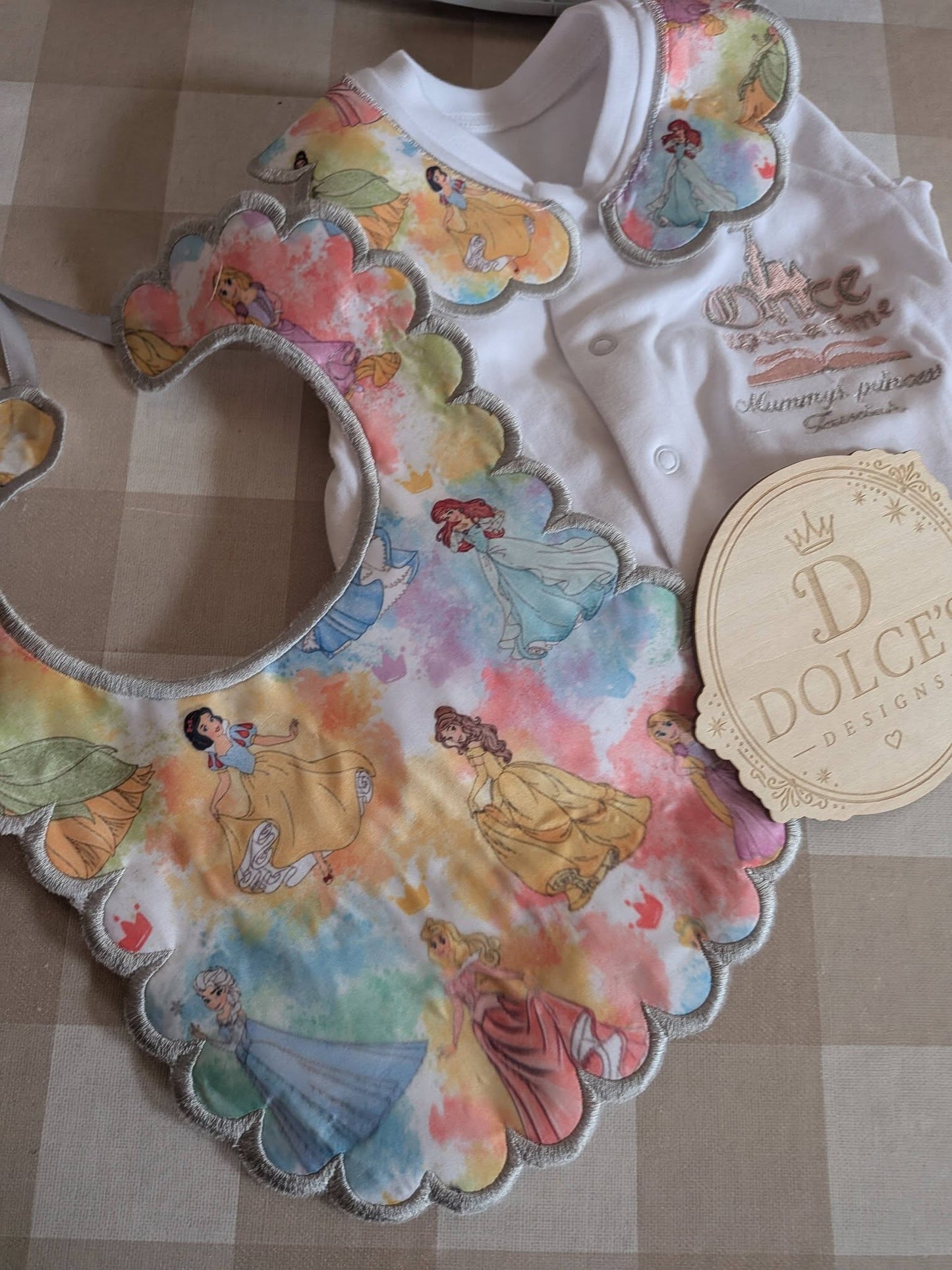 Personalised Princess Inspired Embroidered Babygrow & Bib Set | Handmade Baby Girl Gift
