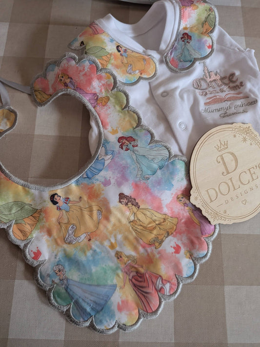 Personalised Princess Inspired Embroidered Babygrow & Bib Set | Handmade Baby Girl Gift