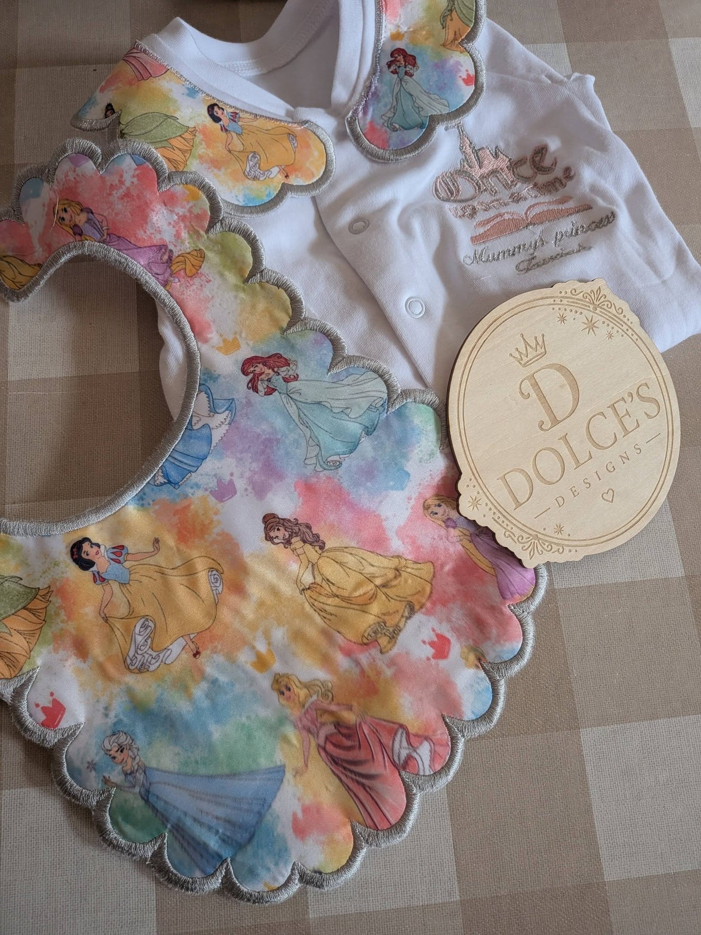 Personalised Princess Inspired Embroidered Babygrow & Bib Set | Handmade Baby Girl Gift