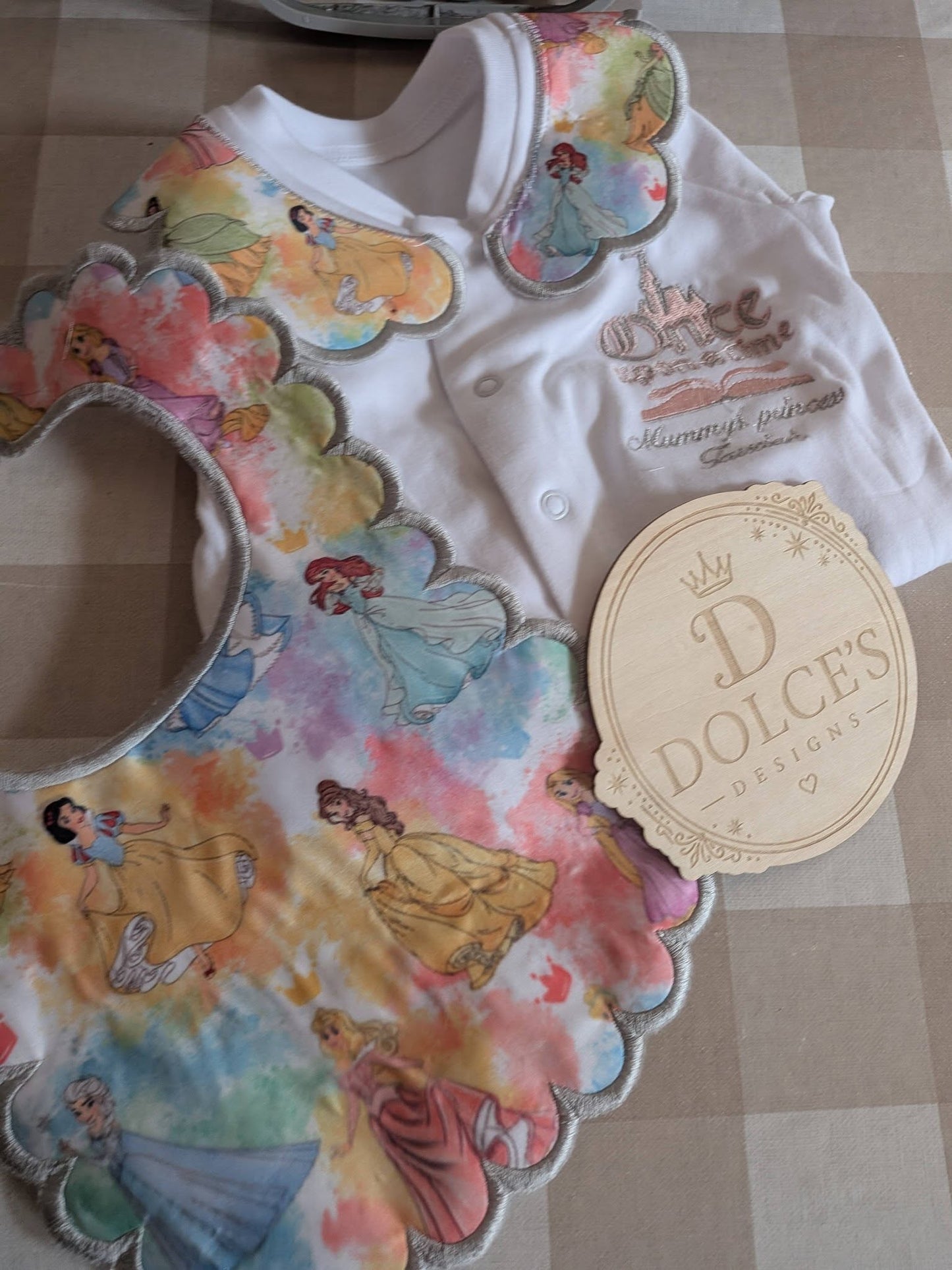 Personalised Princess Inspired Embroidered Babygrow & Bib Set | Handmade Baby Girl Gift