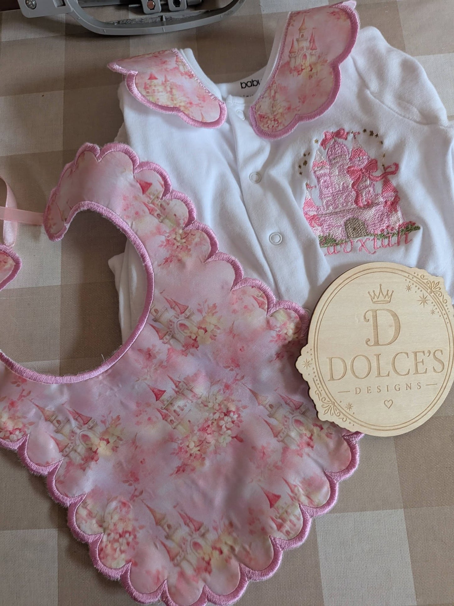 Personalised Princess Castle Embroidered Babygrow & Bib Set | Handmade Baby Girl Gift