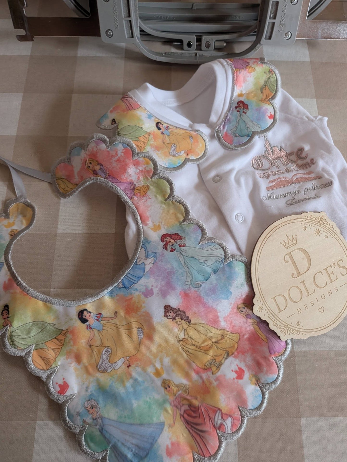 Personalised Princess Inspired Embroidered Babygrow & Bib Set | Handmade Baby Girl Gift