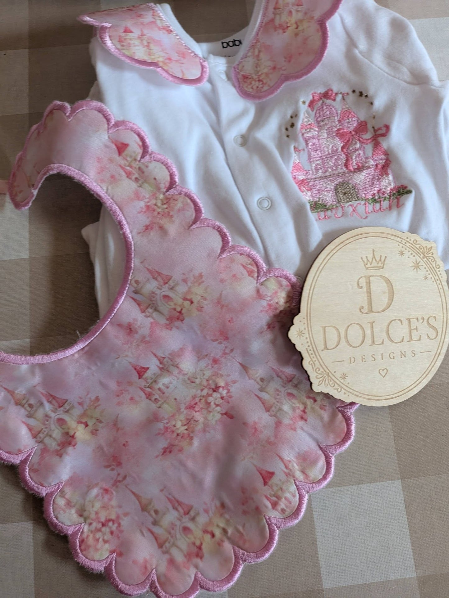 Personalised Princess Castle Embroidered Babygrow & Bib Set | Handmade Baby Girl Gift