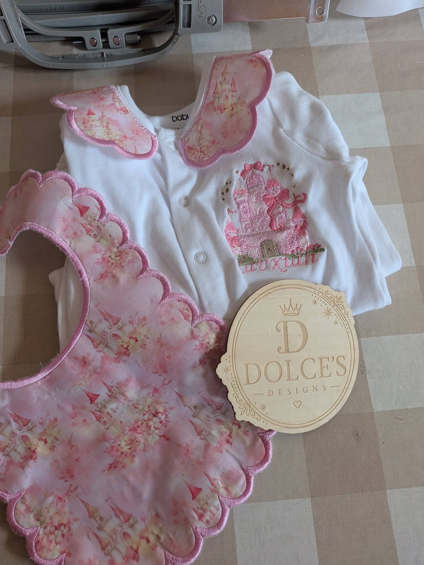 Personalised Princess Castle Embroidered Babygrow & Bib Set | Handmade Baby Girl Gift
