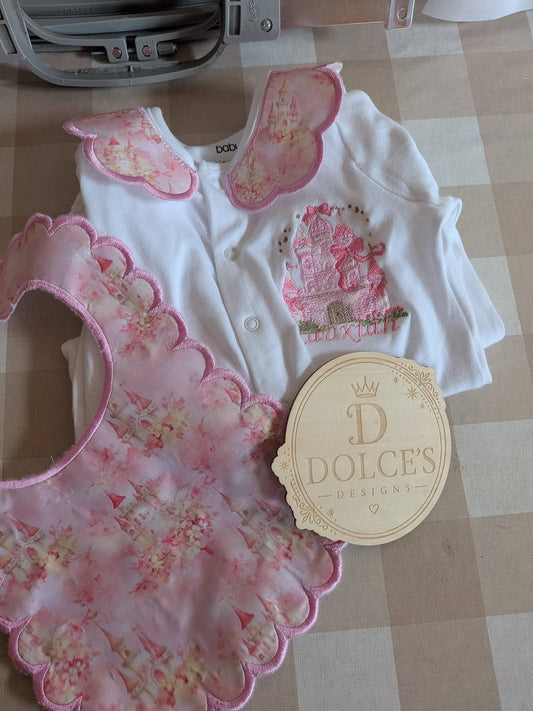 Personalised Princess Castle Embroidered Babygrow & Bib Set | Handmade Baby Girl Gift