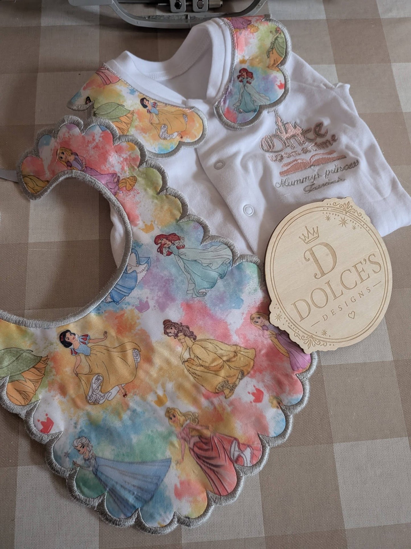 Personalised Princess Inspired Embroidered Babygrow & Bib Set | Handmade Baby Girl Gift