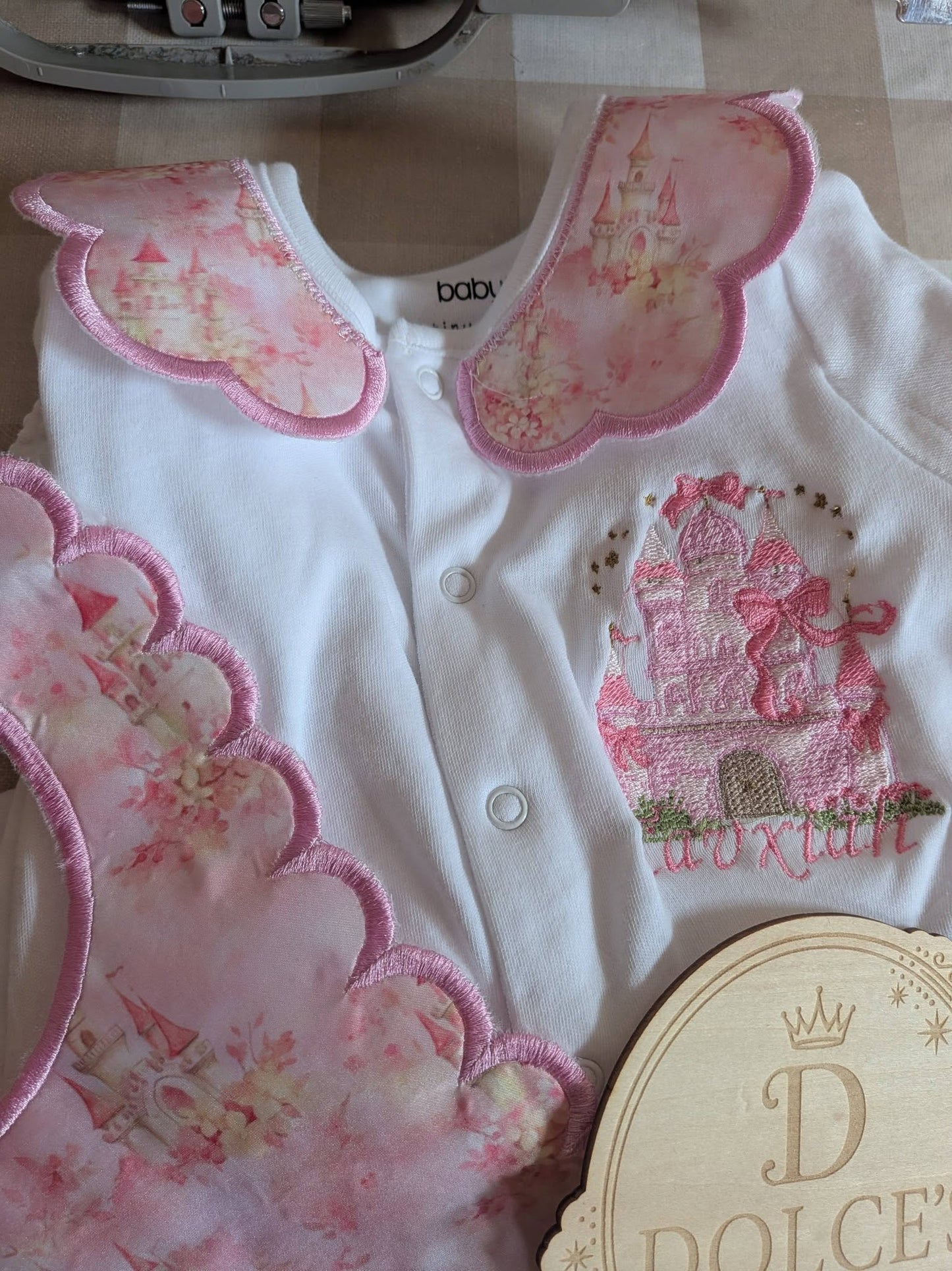 Personalised Princess Castle Embroidered Babygrow & Bib Set | Handmade Baby Girl Gift