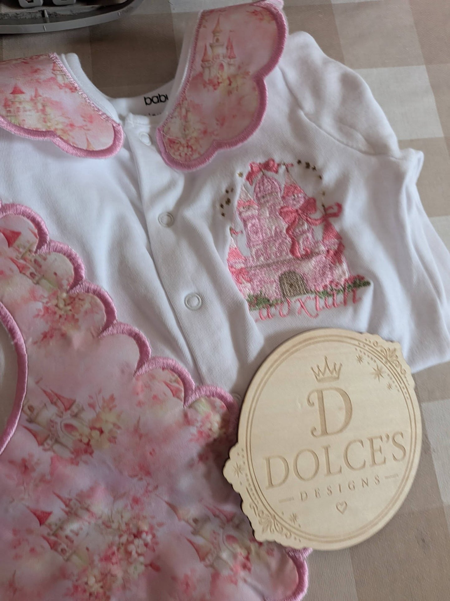 Personalised Princess Castle Embroidered Babygrow & Bib Set | Handmade Baby Girl Gift