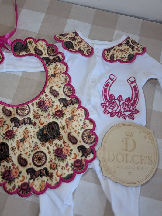 Personalised Romany Gypsy Traveller Wagon Baby Girl Set | Embroidered Babygrow & Handmade Bib