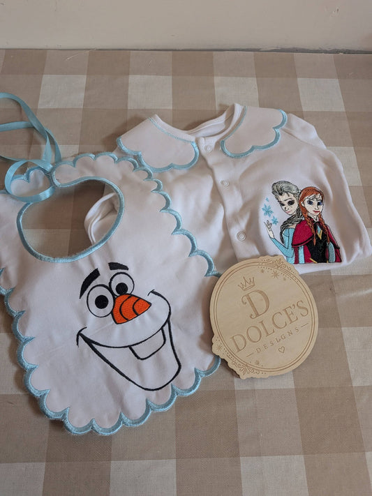 Personalised Frozen Inspired Baby Set | Embroidered Babygrow & Handmade Scalloped Bib
