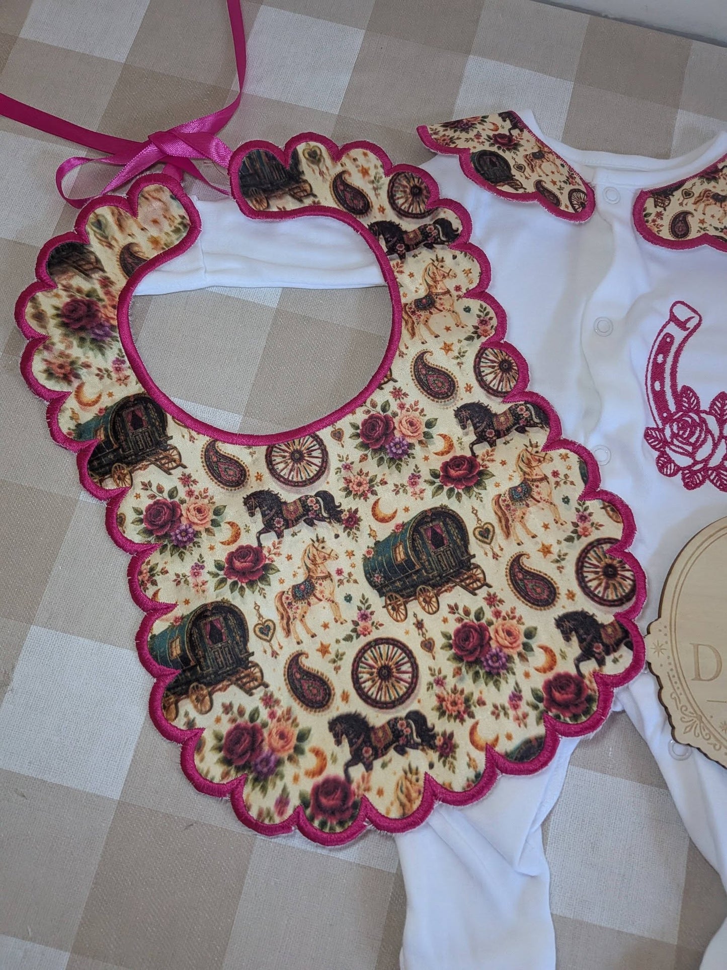 Personalised Romany Gypsy Traveller Wagon Baby Girl Set | Embroidered Babygrow & Handmade Bib