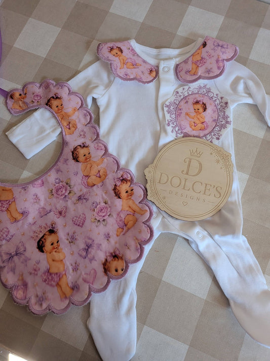 Personalised Lilac Baby Girl Set | Embroidered Babygrow & Handmade Scalloped Bib