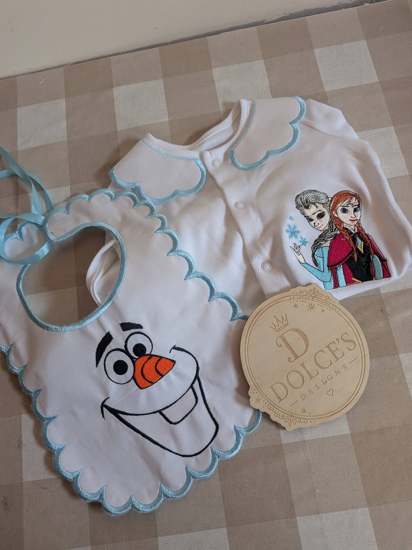 Personalised Frozen Inspired Baby Set | Embroidered Babygrow & Handmade Scalloped Bib