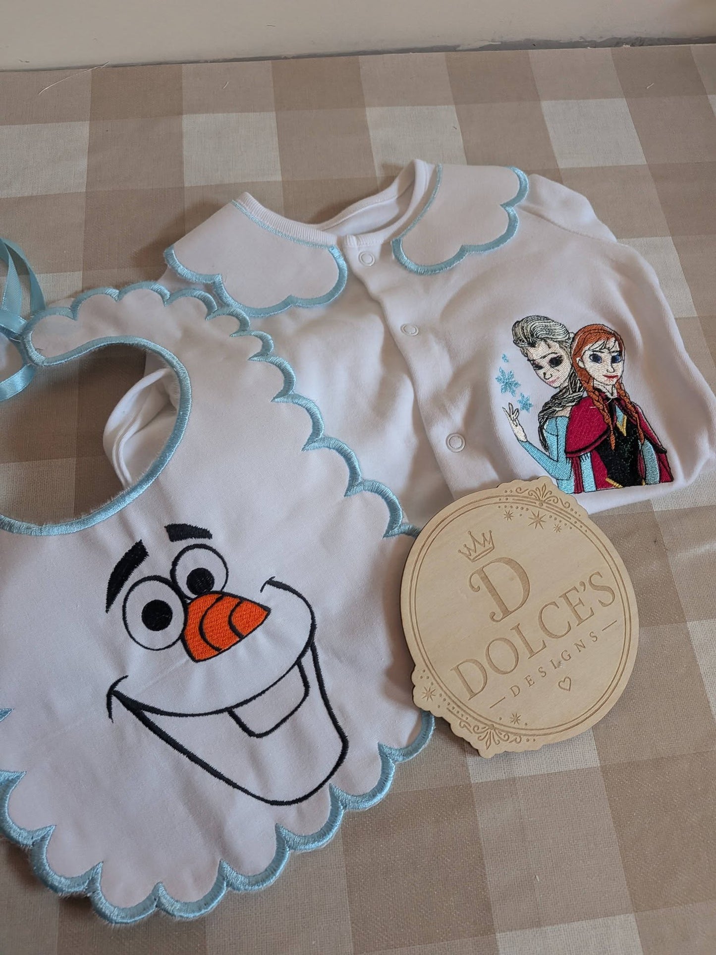 Personalised Frozen Inspired Baby Set | Embroidered Babygrow & Handmade Scalloped Bib
