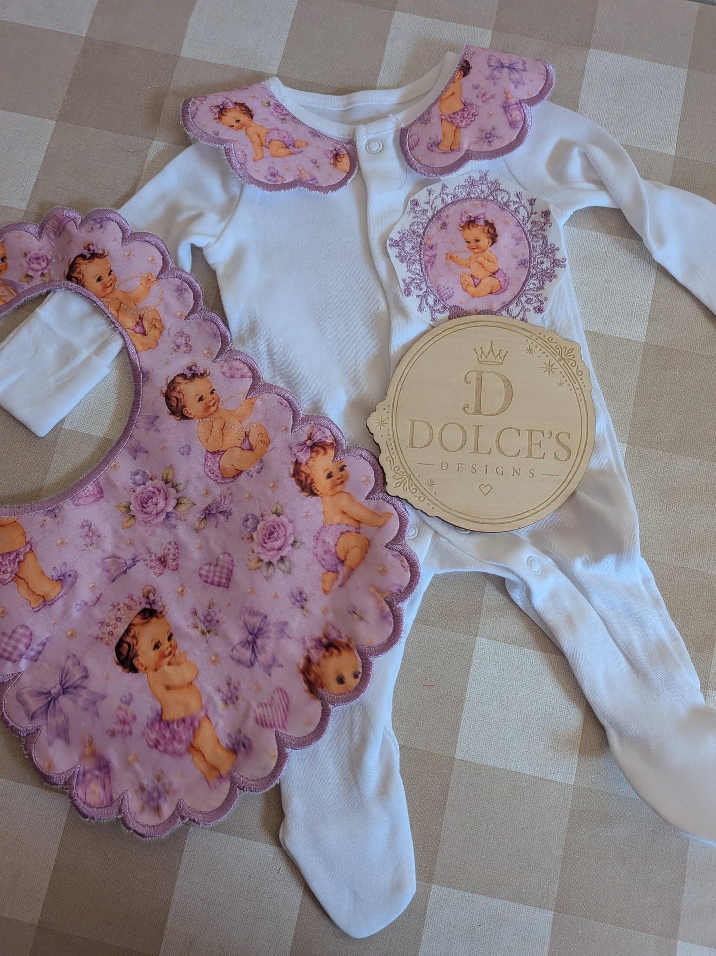 Personalised Lilac Baby Girl Set | Embroidered Babygrow & Handmade Scalloped Bib